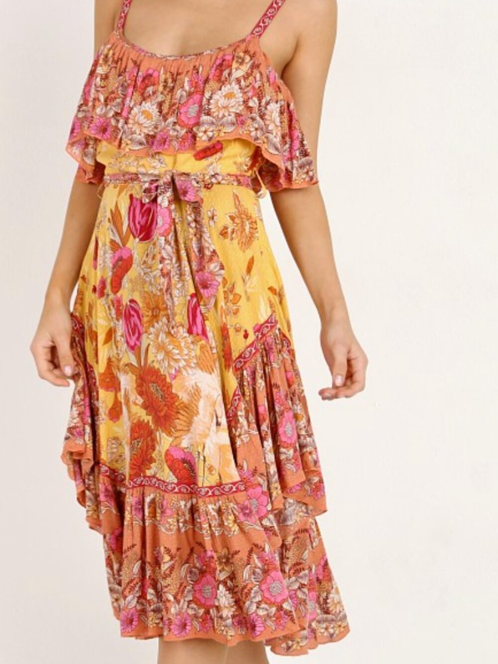 Spell Siren Song Strappy Dress Marigold Floral Hi Low Maxi Small Boho EUC